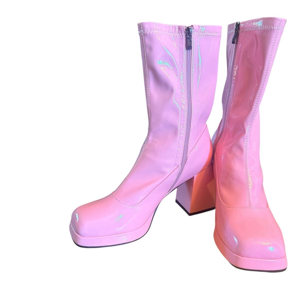 JEDKARAR Pink Patent Vegan Leather Square Toe Platform GoGo Boots Sz 10